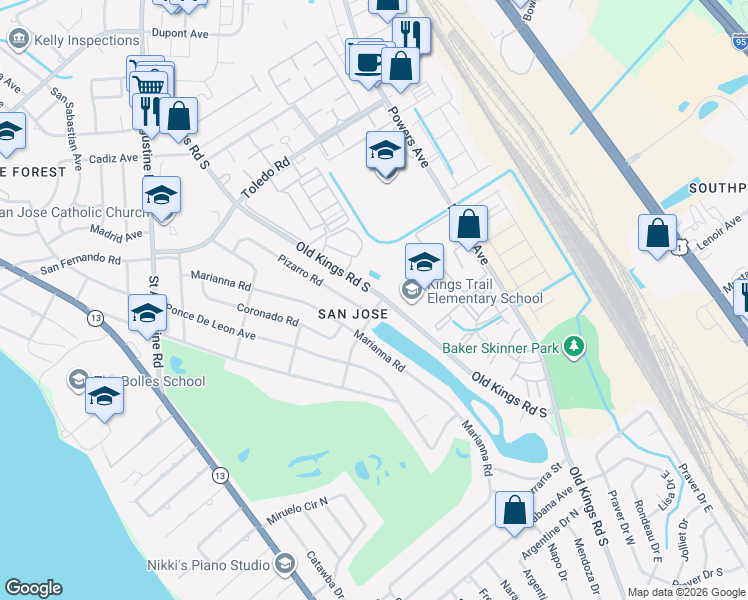 map of restaurants, bars, coffee shops, grocery stores, and more near 7373 Old Kings Road South in Jacksonville