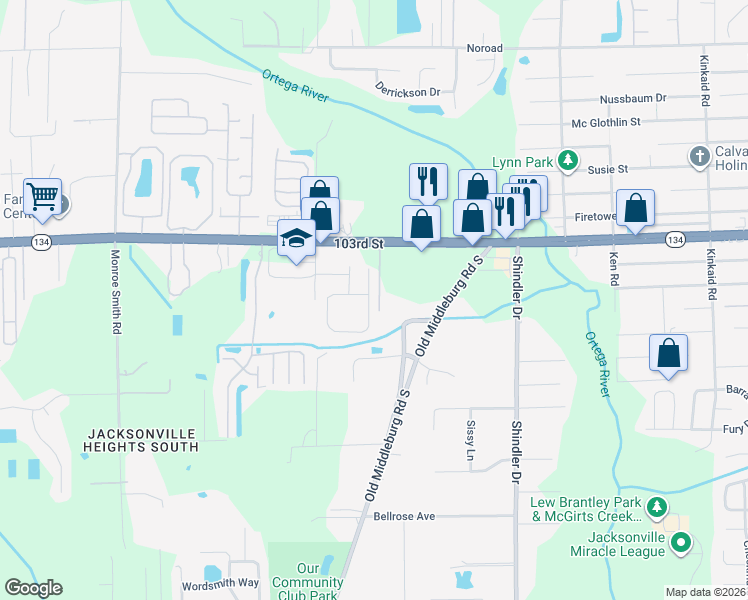 map of restaurants, bars, coffee shops, grocery stores, and more near 5501 Village Pond Circle in Jacksonville