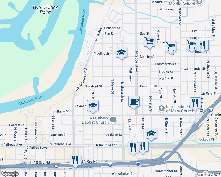 map of restaurants, bars, coffee shops, grocery stores, and more near 1523 Cessford St in Lake Charles