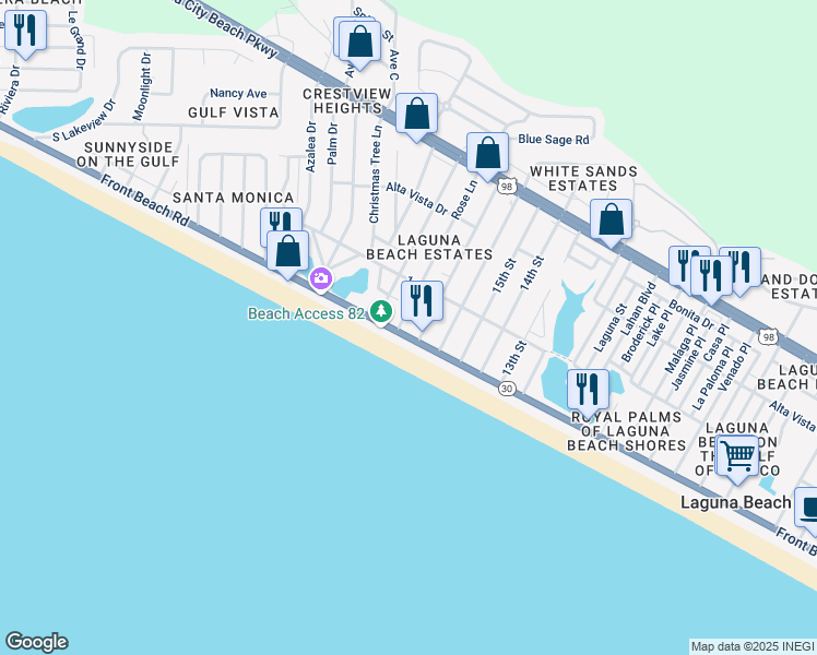 map of restaurants, bars, coffee shops, grocery stores, and more near 113 Wisteria Lane in Panama City Beach