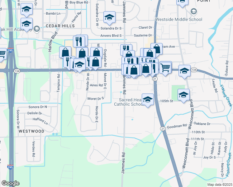 map of restaurants, bars, coffee shops, grocery stores, and more near 5606 Jammes Road in Jacksonville