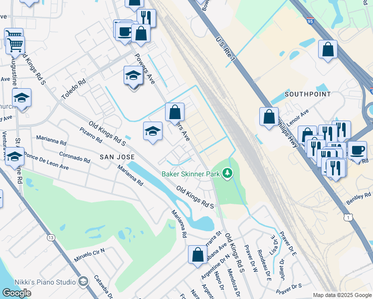 map of restaurants, bars, coffee shops, grocery stores, and more near 7400 Powers Avenue in Jacksonville