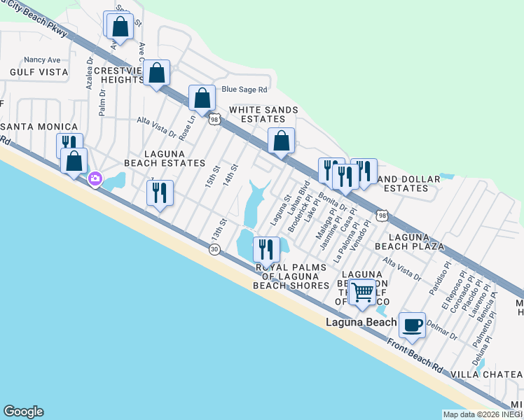 map of restaurants, bars, coffee shops, grocery stores, and more near 221 George C Wallace Blvd in Panama City Beach