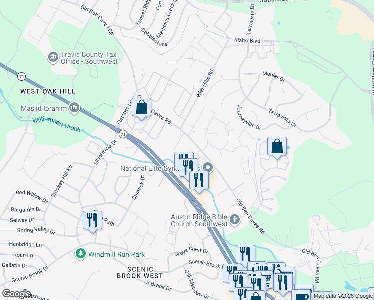 map of restaurants, bars, coffee shops, grocery stores, and more near 7809 Old Bee Caves Road in Austin