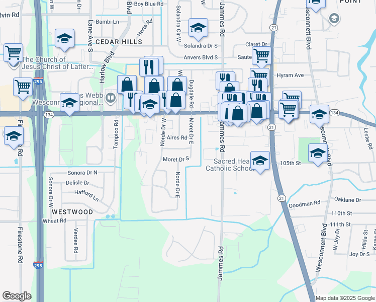 map of restaurants, bars, coffee shops, grocery stores, and more near 5608 Moret Drive East in Jacksonville