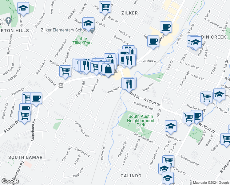 map of restaurants, bars, coffee shops, grocery stores, and more near 2203 Thornton Road in Austin