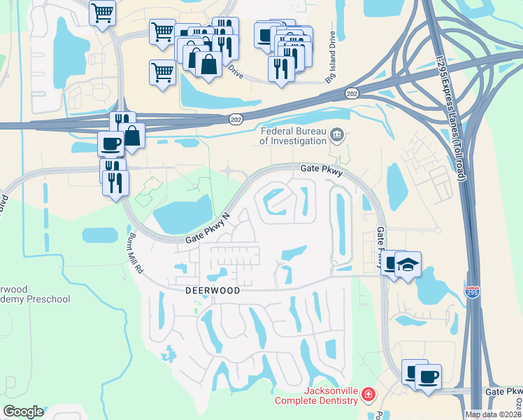 map of restaurants, bars, coffee shops, grocery stores, and more near 11197 Castlemain Circle East in Jacksonville