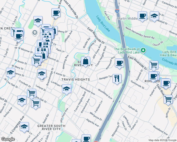 map of restaurants, bars, coffee shops, grocery stores, and more near 1505 Alta Vista Avenue in Austin