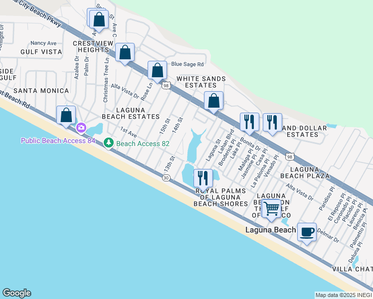 map of restaurants, bars, coffee shops, grocery stores, and more near 19930 Claude Circle in Panama City Beach