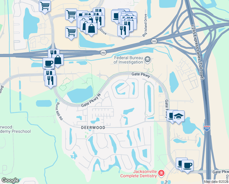 map of restaurants, bars, coffee shops, grocery stores, and more near 11197 Castlemain Circle East in Jacksonville