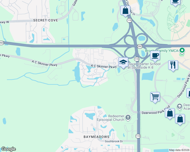 map of restaurants, bars, coffee shops, grocery stores, and more near 8235 A C Skinner Parkway in Jacksonville