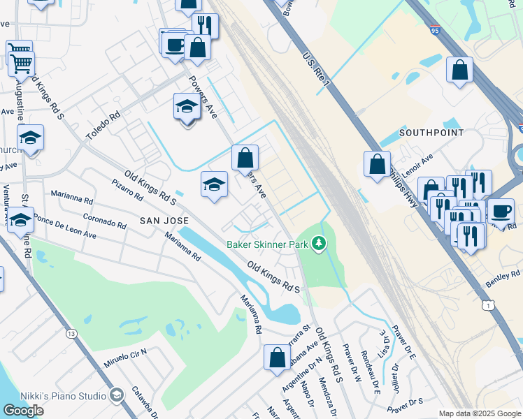 map of restaurants, bars, coffee shops, grocery stores, and more near in Jacksonville