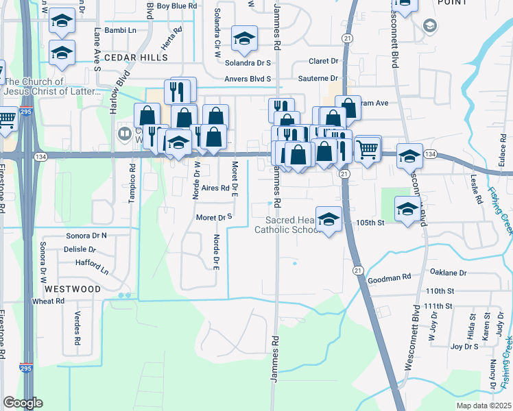map of restaurants, bars, coffee shops, grocery stores, and more near 5606 Jammes Road in Jacksonville
