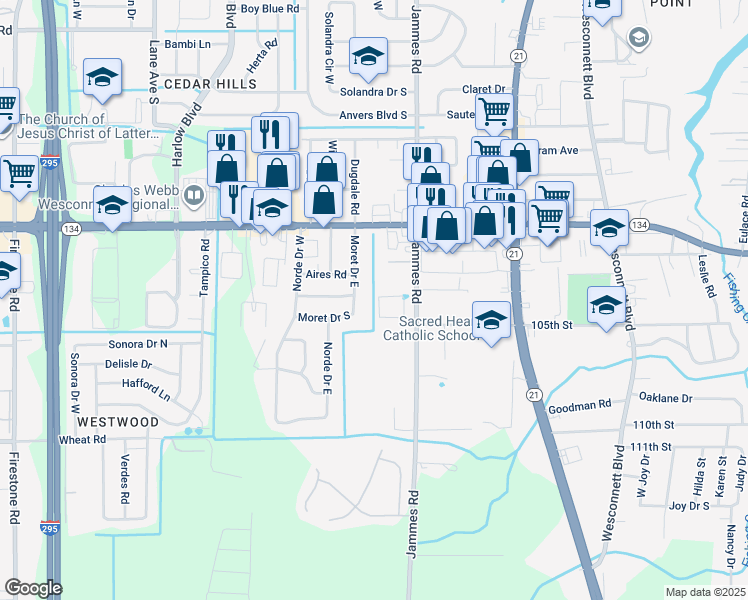 map of restaurants, bars, coffee shops, grocery stores, and more near 5606 Jammes Road in Jacksonville