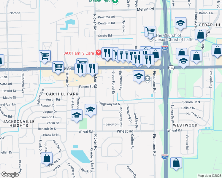 map of restaurants, bars, coffee shops, grocery stores, and more near 7540 103rd Street in Jacksonville