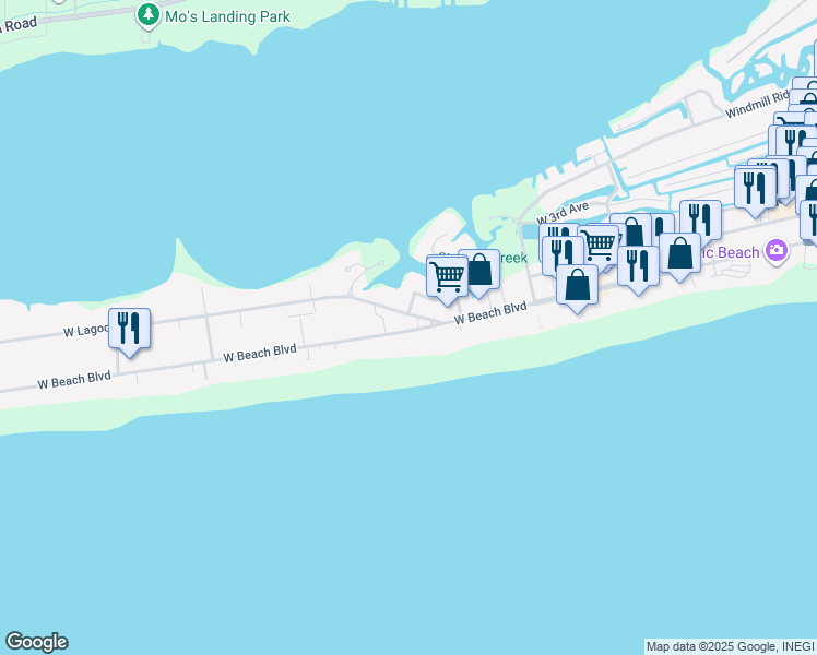 map of restaurants, bars, coffee shops, grocery stores, and more near 211 West Lagoon Avenue in Gulf Shores