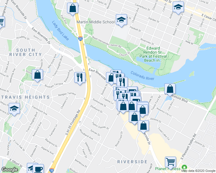 map of restaurants, bars, coffee shops, grocery stores, and more near 1100 Summit Street in Austin