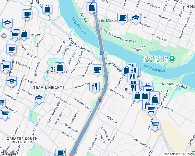 map of restaurants, bars, coffee shops, grocery stores, and more near 1124 South Interstate 35 Frontage Road in Austin