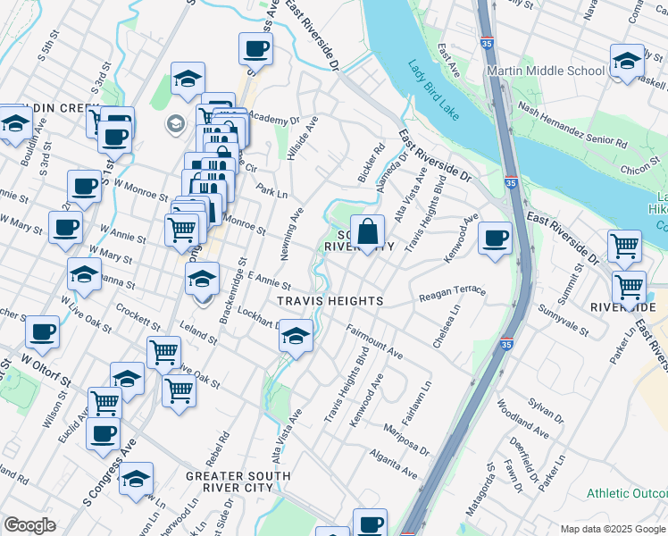map of restaurants, bars, coffee shops, grocery stores, and more near 700 East Monroe Street in Austin