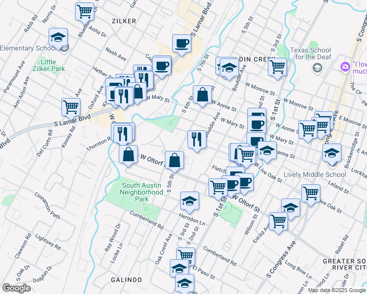 map of restaurants, bars, coffee shops, grocery stores, and more near 2112 South 5th Street in Austin