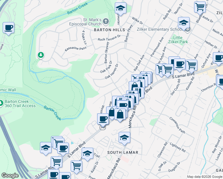 map of restaurants, bars, coffee shops, grocery stores, and more near 2905 Rae Dell Avenue in Austin