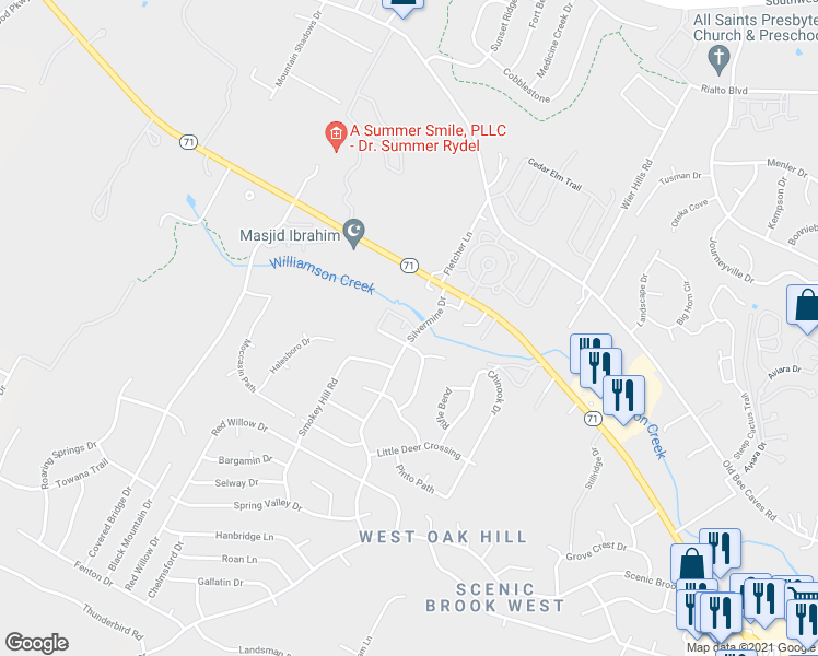 map of restaurants, bars, coffee shops, grocery stores, and more near 6718 Silvermine Drive in Austin