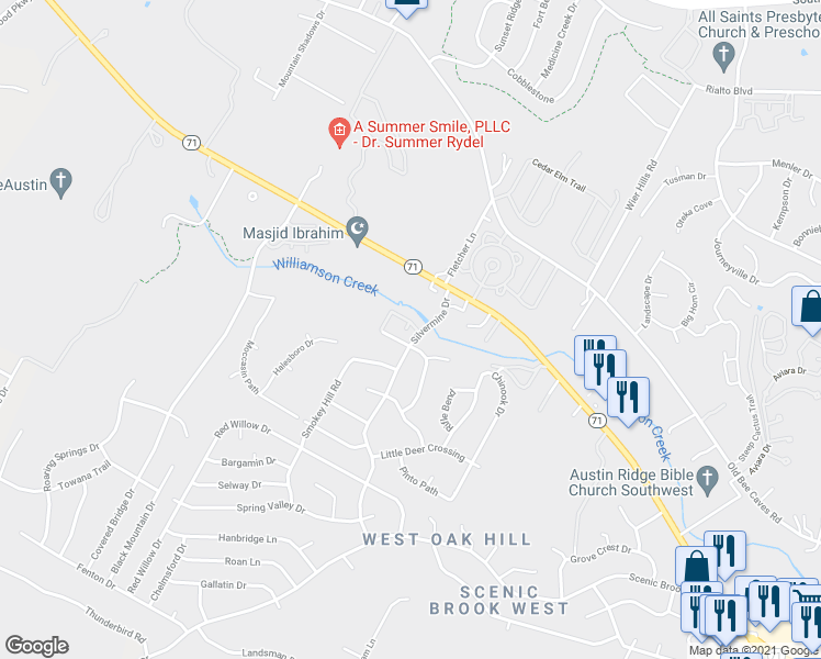 map of restaurants, bars, coffee shops, grocery stores, and more near 6718 Silvermine Drive in Austin