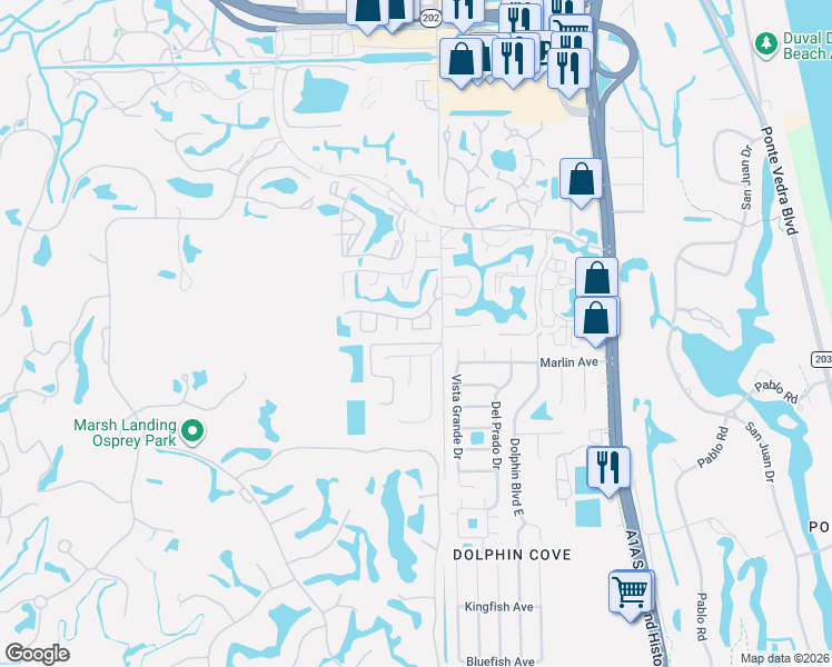 map of restaurants, bars, coffee shops, grocery stores, and more near 1004 Marsh Cove Court in Ponte Vedra Beach