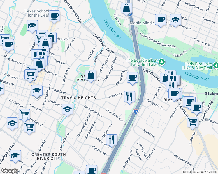 map of restaurants, bars, coffee shops, grocery stores, and more near 1014 Bonham Terrace in Austin