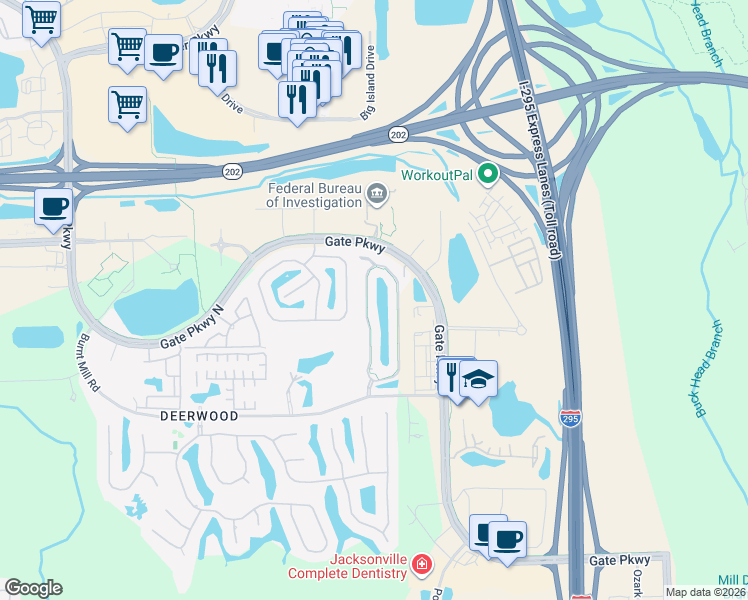 map of restaurants, bars, coffee shops, grocery stores, and more near 7501 Scarlet Ibis Lane in Jacksonville