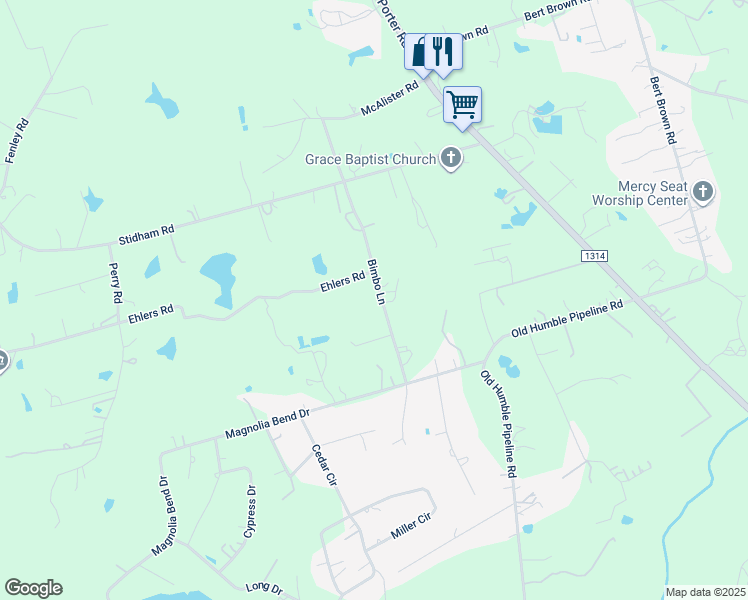 map of restaurants, bars, coffee shops, grocery stores, and more near 14355 Bimbo Lane in Conroe
