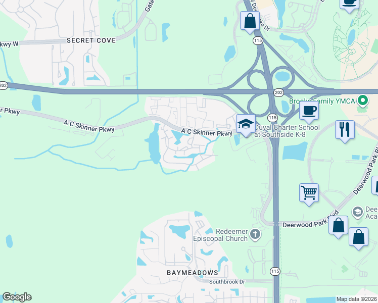 map of restaurants, bars, coffee shops, grocery stores, and more near 8235 A C Skinner Parkway in Jacksonville