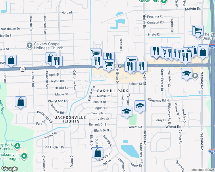 map of restaurants, bars, coffee shops, grocery stores, and more near 7855 Falcon Street in Jacksonville