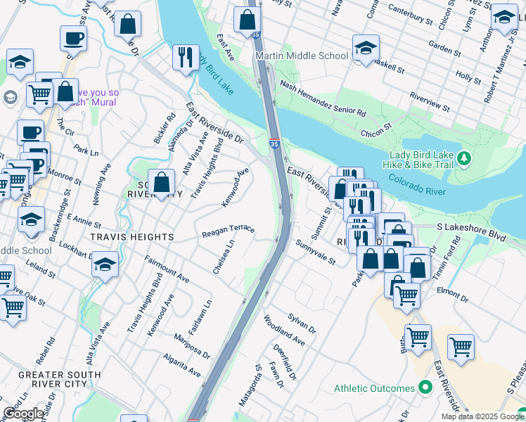 map of restaurants, bars, coffee shops, grocery stores, and more near 1124 South Interstate 35 Frontage Road in Austin