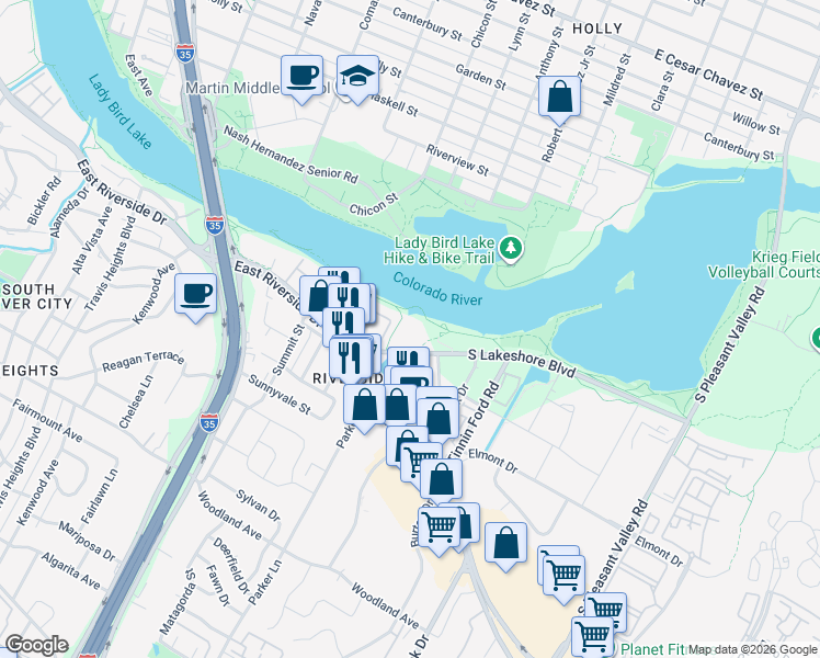 map of restaurants, bars, coffee shops, grocery stores, and more near 1818 South Lakeshore Boulevard in Austin
