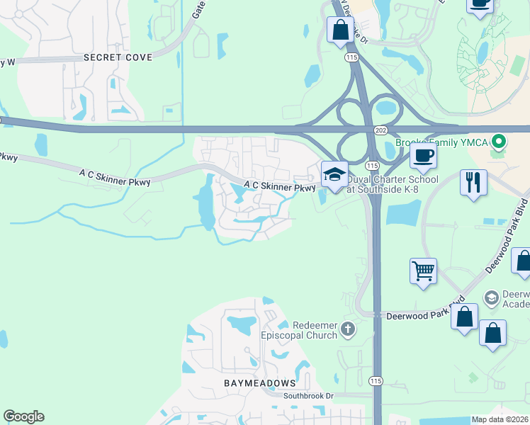 map of restaurants, bars, coffee shops, grocery stores, and more near 8235 A C Skinner Parkway in Jacksonville