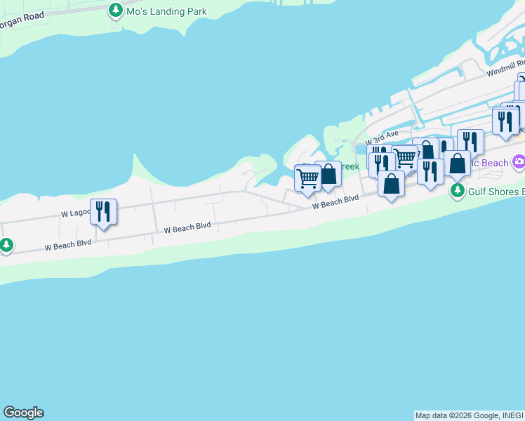 map of restaurants, bars, coffee shops, grocery stores, and more near 938 West Beach Boulevard in Gulf Shores