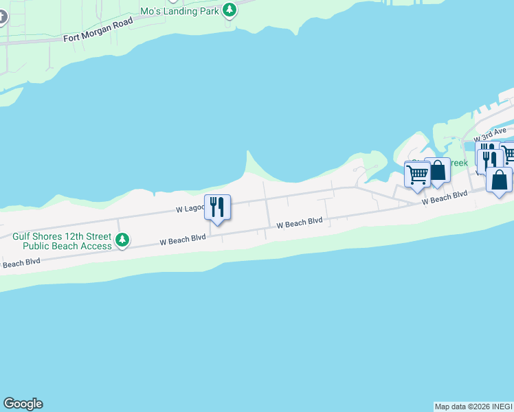 map of restaurants, bars, coffee shops, grocery stores, and more near 1105 West Lagoon Avenue in Gulf Shores