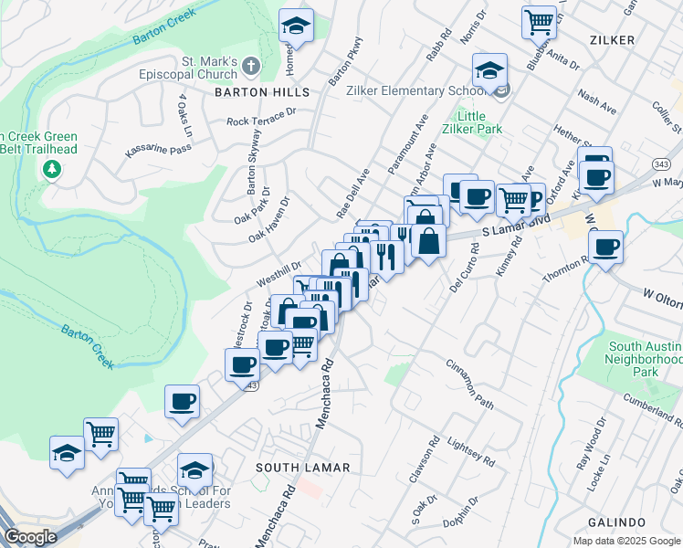 map of restaurants, bars, coffee shops, grocery stores, and more near 2121 Dickson Drive in Austin