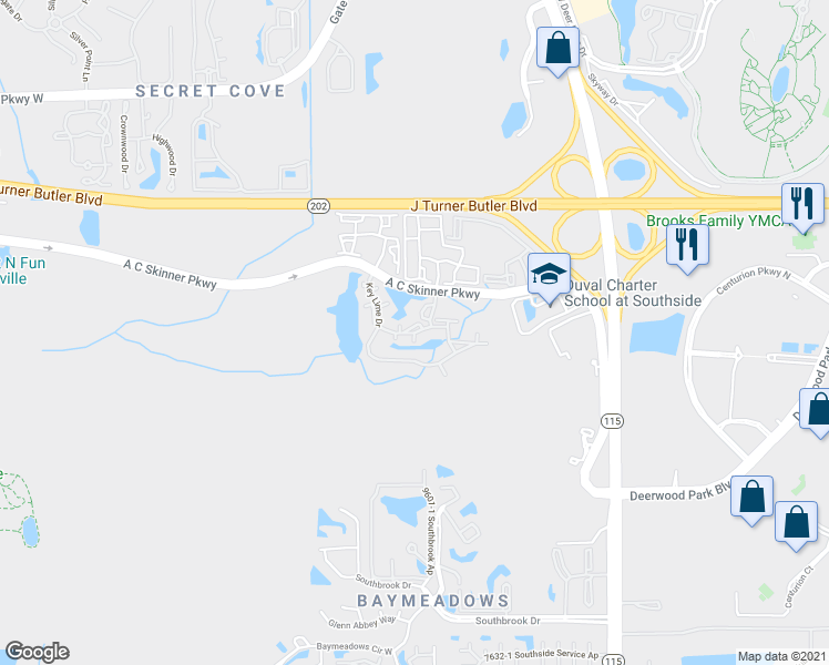 map of restaurants, bars, coffee shops, grocery stores, and more near Green Parrot Road in Jacksonville