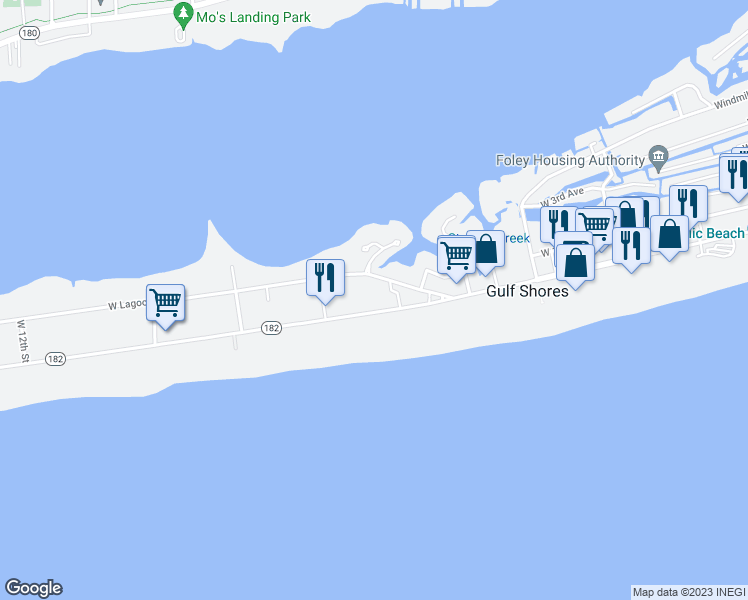map of restaurants, bars, coffee shops, grocery stores, and more near 952 West Beach Boulevard in Gulf Shores