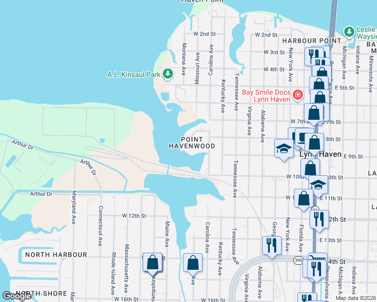 map of restaurants, bars, coffee shops, grocery stores, and more near 814 West 8th Street Circle in Lynn Haven