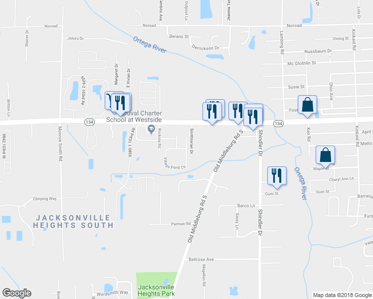 map of restaurants, bars, coffee shops, grocery stores, and more near 5450 Village Pond Circle in Jacksonville