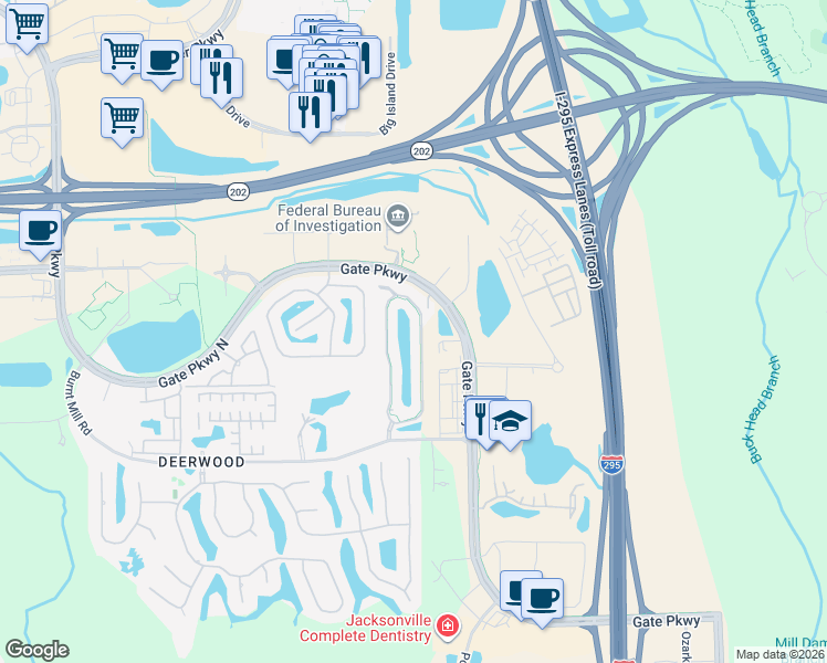 map of restaurants, bars, coffee shops, grocery stores, and more near 7482 Red Crane Lane in Jacksonville