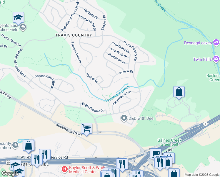 map of restaurants, bars, coffee shops, grocery stores, and more near 4621 Trail West Drive in Austin
