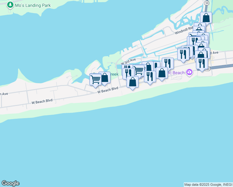 map of restaurants, bars, coffee shops, grocery stores, and more near 723 West Beach Boulevard in Gulf Shores