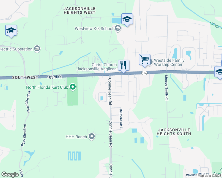 map of restaurants, bars, coffee shops, grocery stores, and more near 5485 Connie Jean Road in Jacksonville