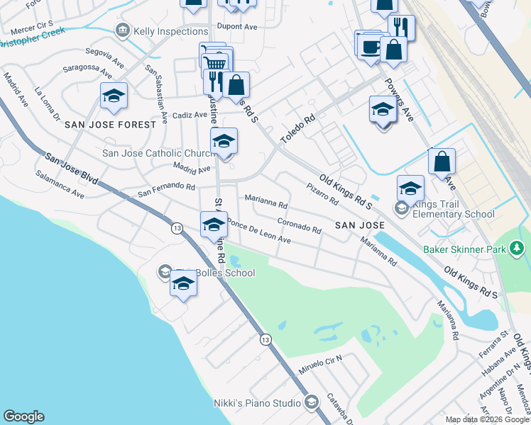 map of restaurants, bars, coffee shops, grocery stores, and more near 3647 Coronado Road in Jacksonville