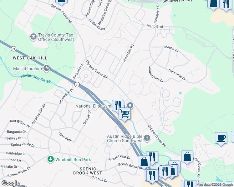 map of restaurants, bars, coffee shops, grocery stores, and more near 7809 Old Bee Caves Road in Austin