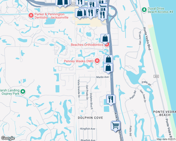 map of restaurants, bars, coffee shops, grocery stores, and more near 166 Cranes Lake Drive in Ponte Vedra Beach